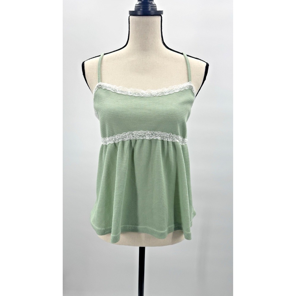 Y2K Babydoll Top Large Waffle Knit Lace Trim Cami Empire Waist Cottage Fairycore